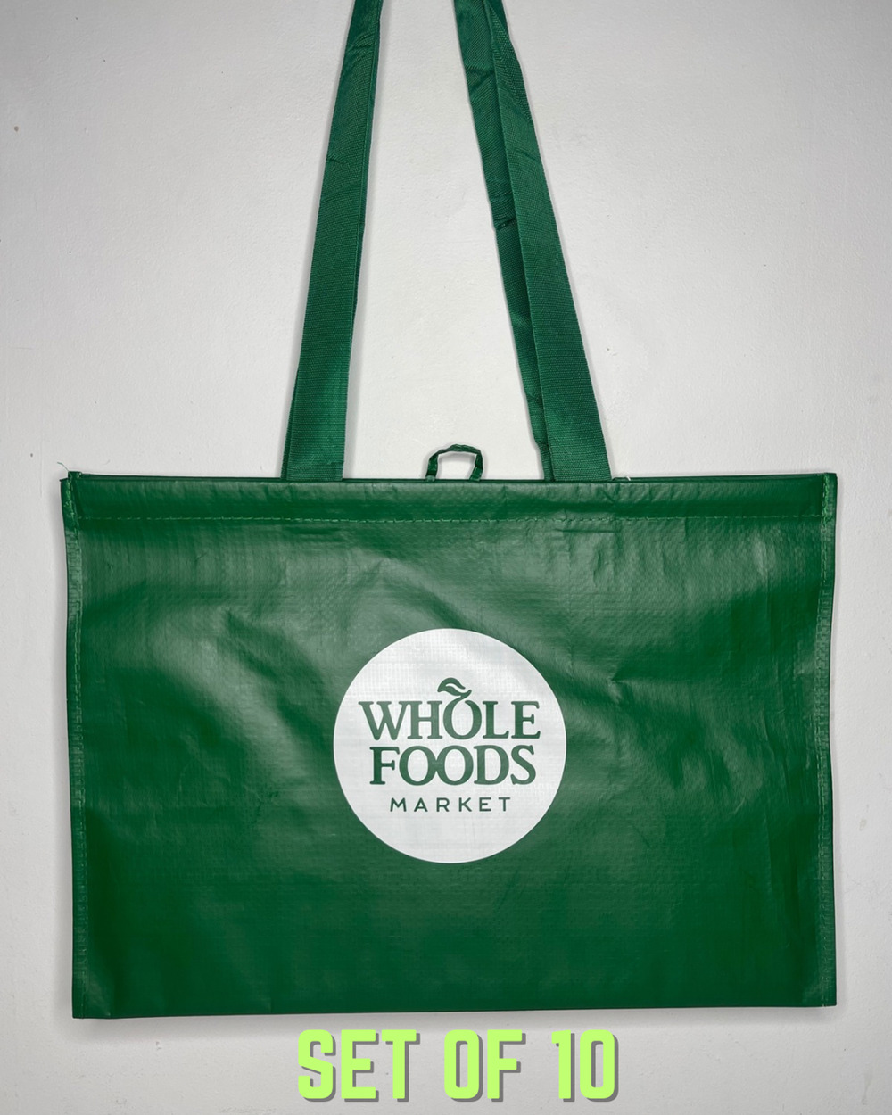 Set of 10 — Whole Foods Green Click N' Stay Collapsable Grocery Tote Bag — Large